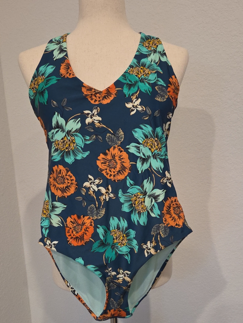 Prana Floral V-Neck One-Piece Swimsuit in Navy, Teal & Orange Size Small